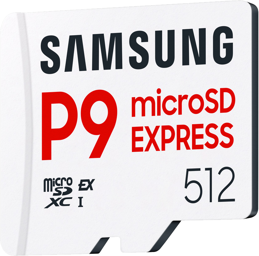 Egy fehér Samsung microSD kártya piros P9, microSD EXPRESS szöveggel és 512-vel. Fekete Samsung szöveg felül.