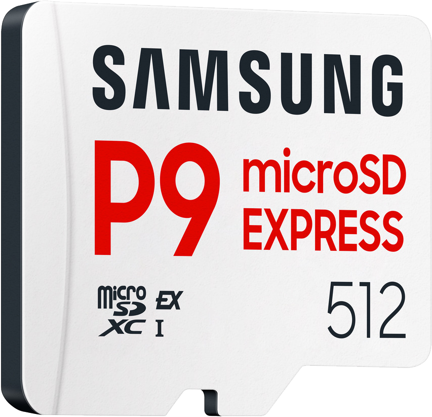 Egy Samsung microSD kártya 'P9' és 'microSD EXPRESS' felirattal pirosan. '512' és 'XC I' is látható.