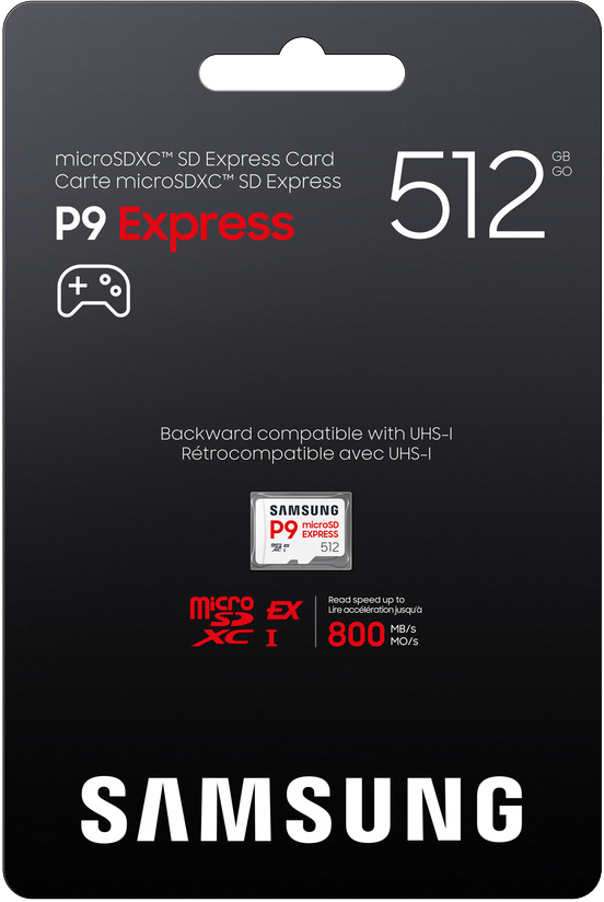 Fekete Samsung microSDXC SD Express kártya. Jellemzők: 512 GB, 800 MB/s sebesség és egy játékvezérlő ikon.