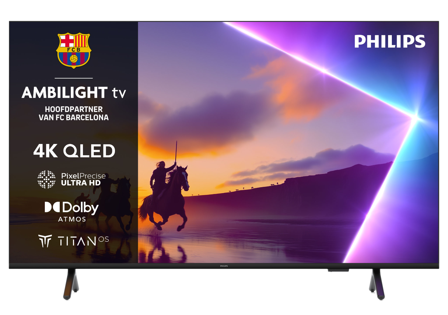 Philips tv toont een ruiter op een paard, met zonsondergang. Logo's: FC Barcelona, Ambilight, 4K QLED en Dolby Atmos.