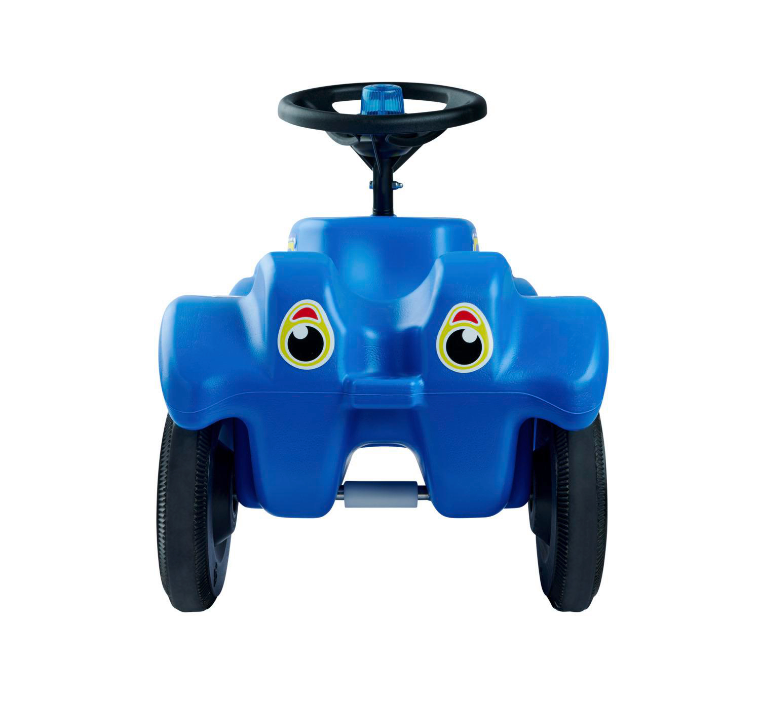 Ein blaues Spielzeugauto mit Lenkrad und zwei schwarzen Rädern. Es hat Cartoon-Augen auf der Vorderseite.