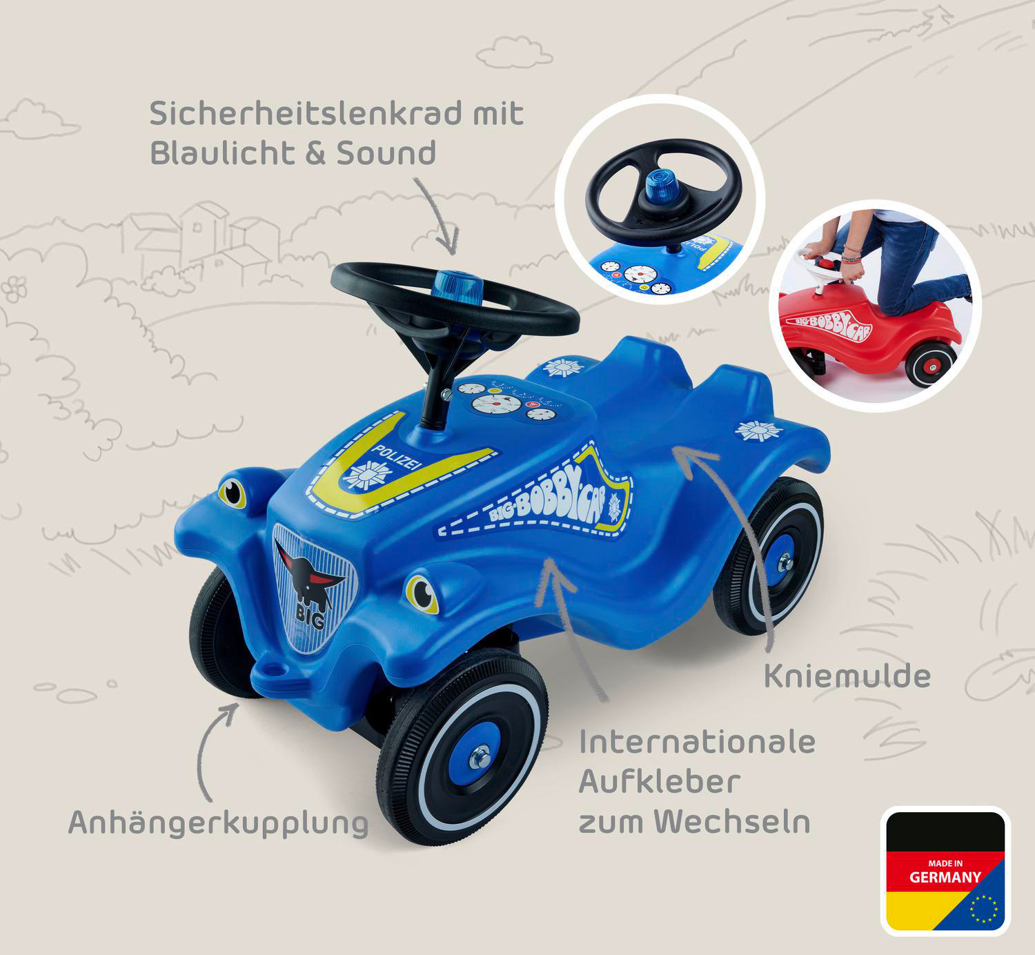 Ein blaues Polizei-Spielzeugauto mit schwarzen Rädern und Lenkrad, trägt die Aufschrift 'BIG BOBBY CAR'. Enthält ein rotes Auto.