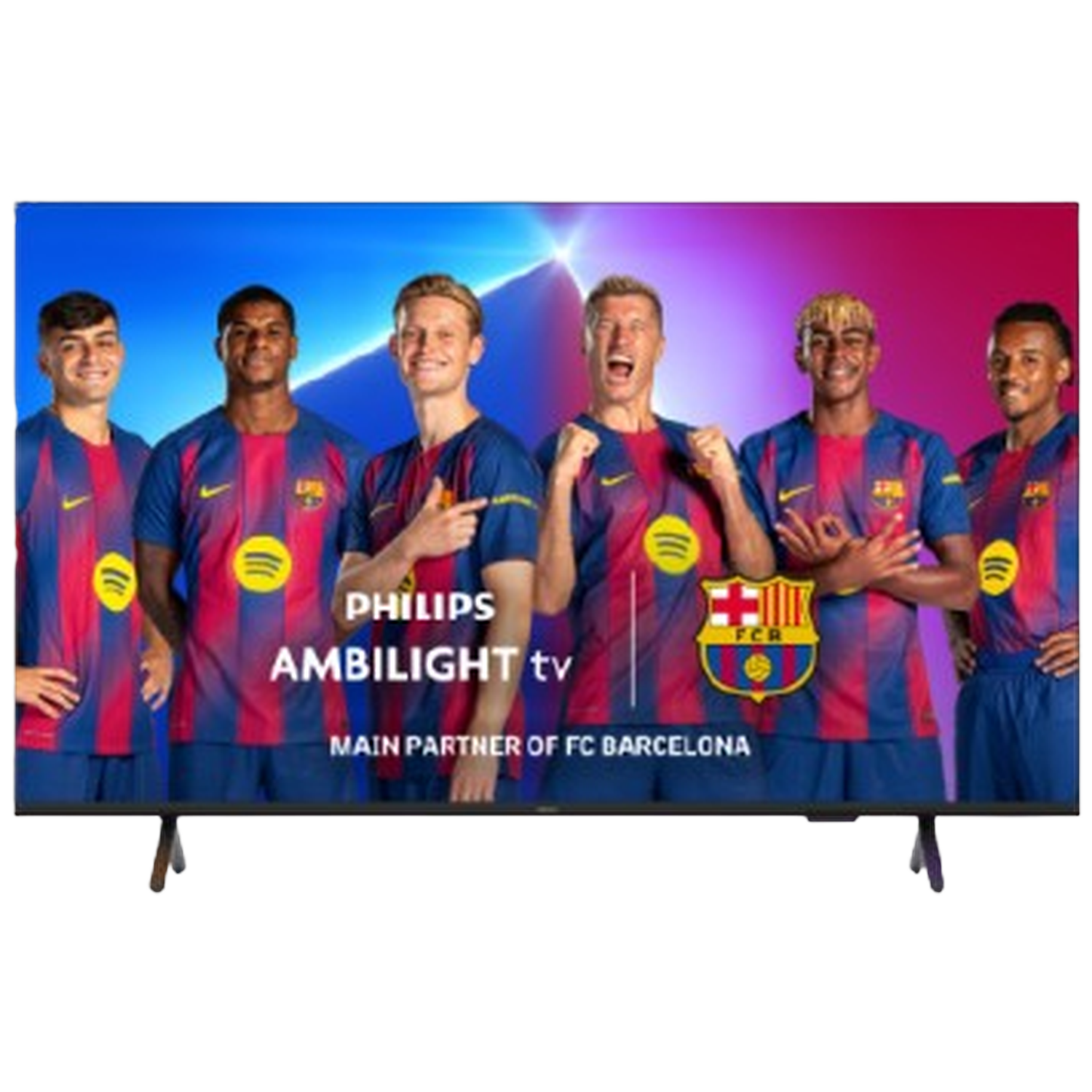 Een tv-scherm toont spelers van FC Barcelona. De tv is een Philips Ambilight-model. De achtergrond is een blauwe en rode gradiënt.