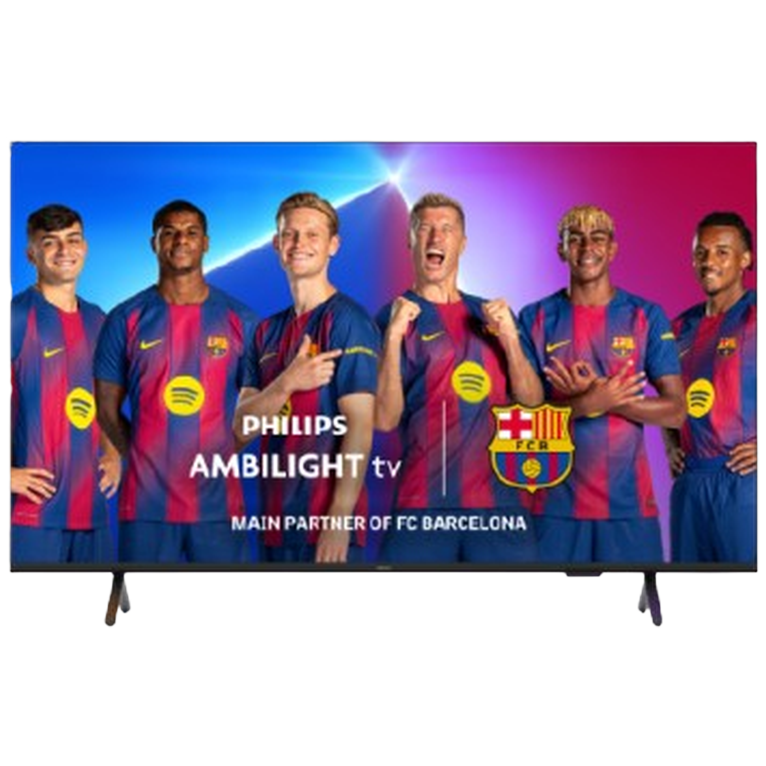 Tv-scherm met FC Barcelona-spelers. Philips Ambilight-logo. Blauwe en rode shirts, Spotify-logo. Hoofdsponsor van FC Barcelona.
