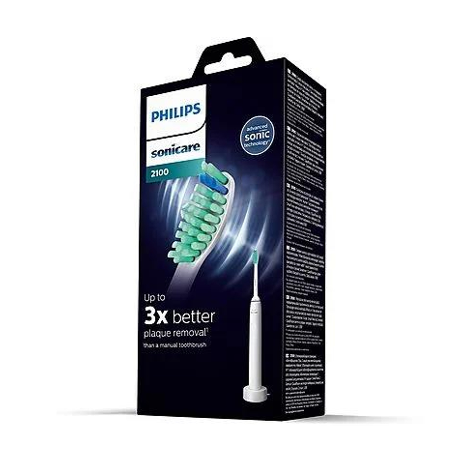 Una scatola di spazzolino Philips Sonicare 2100. Mostra una testina con setole verdi e la scatola dice 'Rimozione della placca fino a 3 volte migliore'.