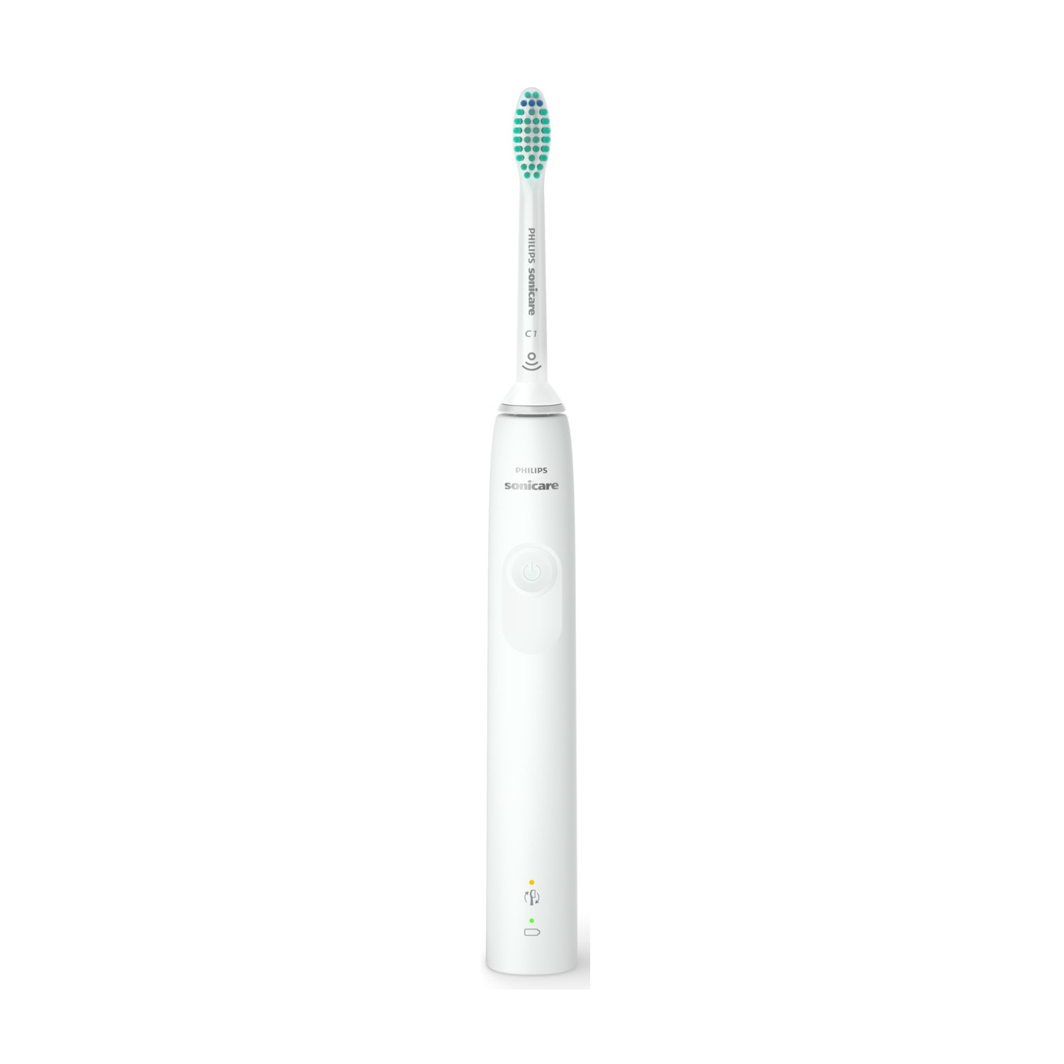 Uno spazzolino elettrico Philips Sonicare bianco. La testina ha setole verdi. L'impugnatura ha un pulsante di accensione e spie.