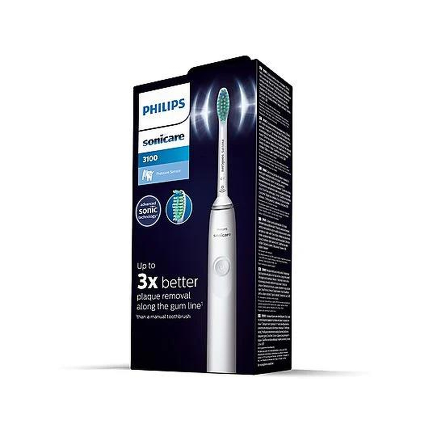 Una spazzolino Philips Sonicare e la sua scatola sono in mostra. La scatola è nera con testo bianco, e lo spazzolino è bianco con testina verde.