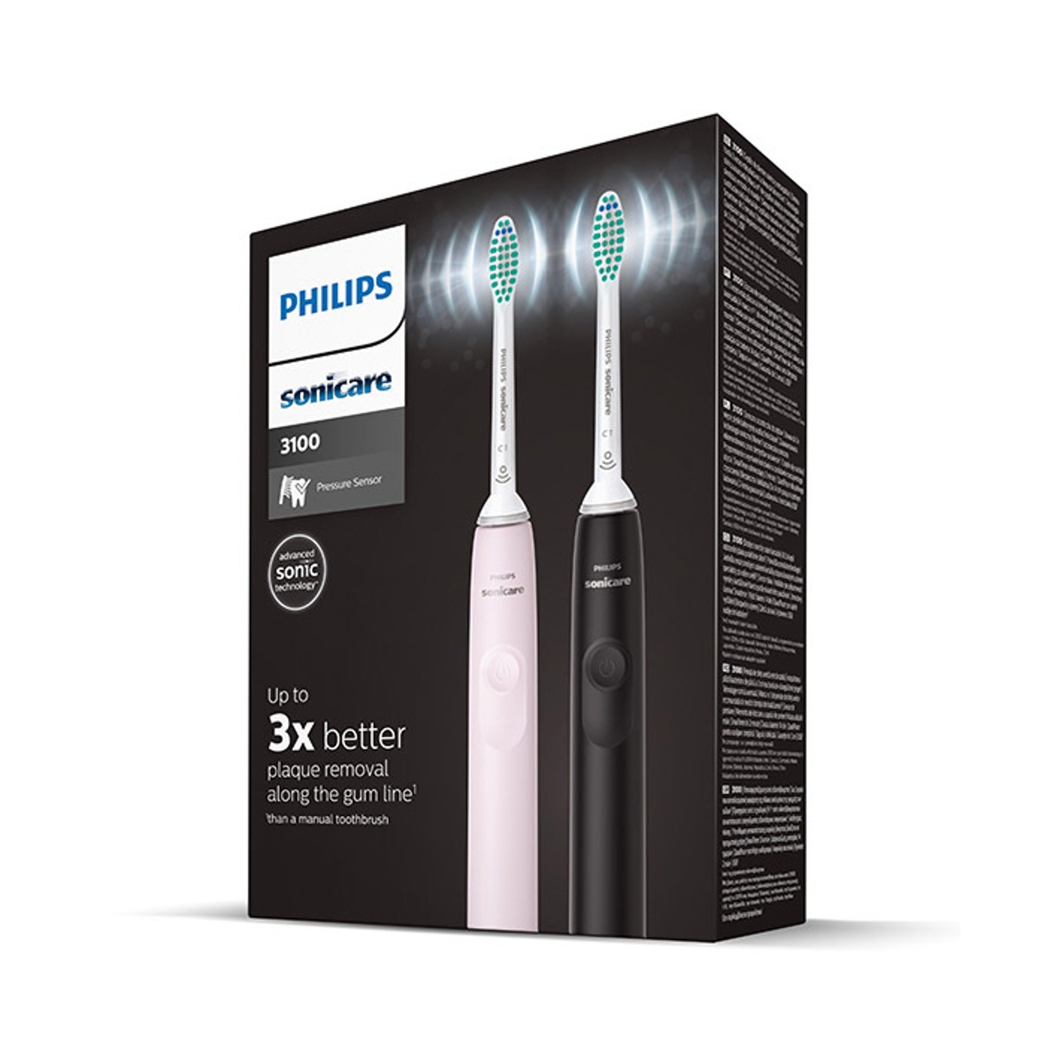 Spazzolini elettrici Philips Sonicare in scatola. Uno rosa e uno nero, con setole blu e verdi. La scatola ha del testo.