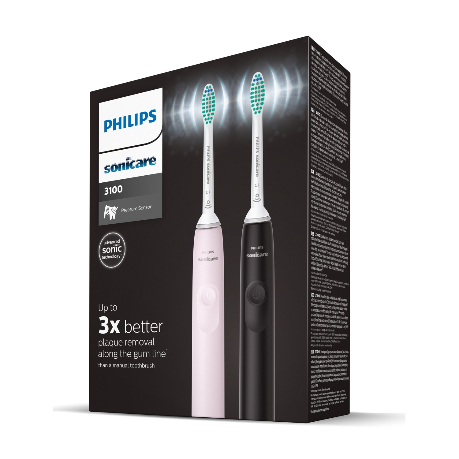Spazzolini elettrici Philips Sonicare in scatola, uno rosa, uno nero, con testine a setole verdi.