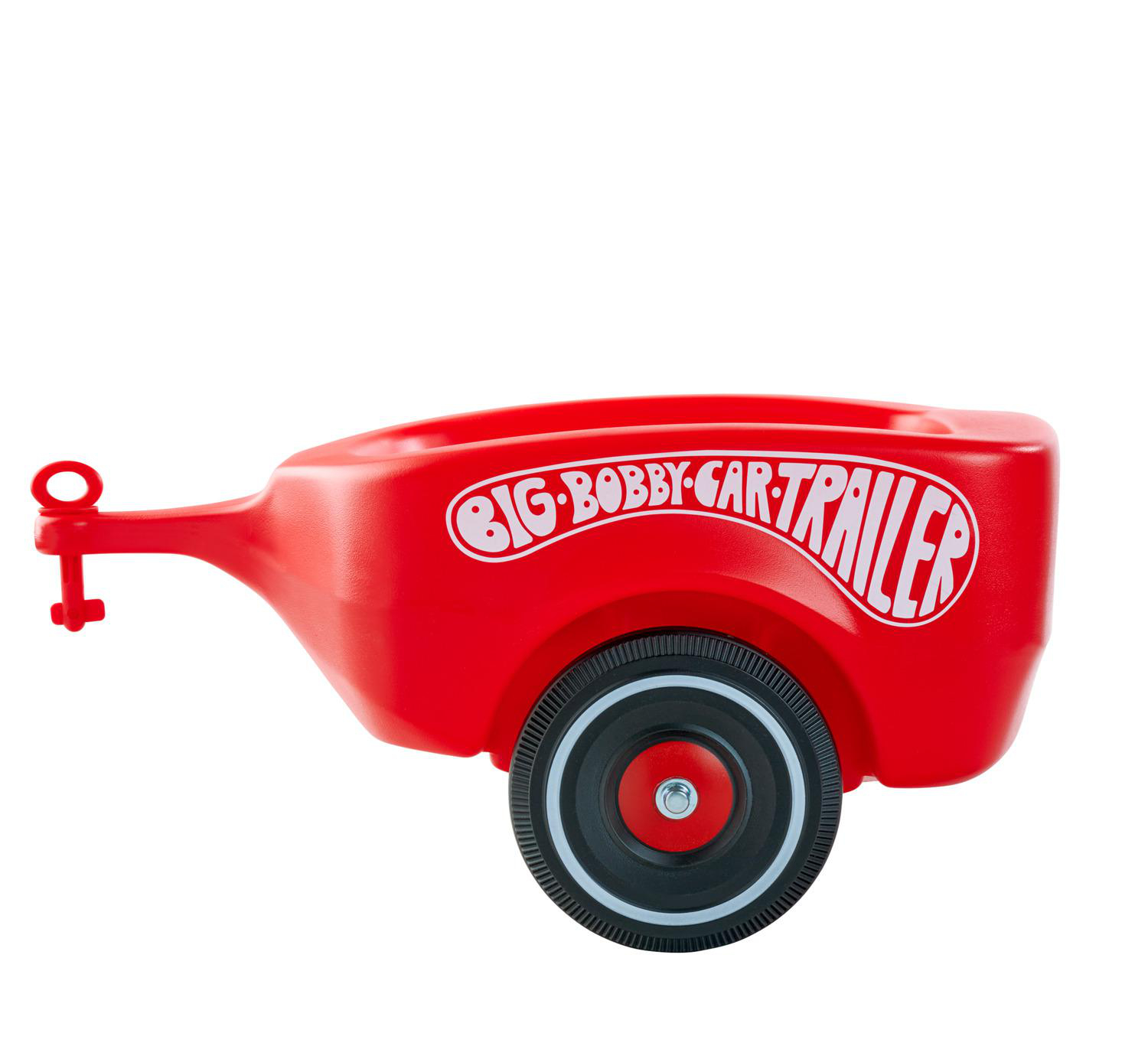 Ein roter Spielzeuganhänger mit dem Text 'BIG BOBBY CAR TRAILER'. Er hat ein schwarz-weißes Rad. Der Hintergrund ist weiß.