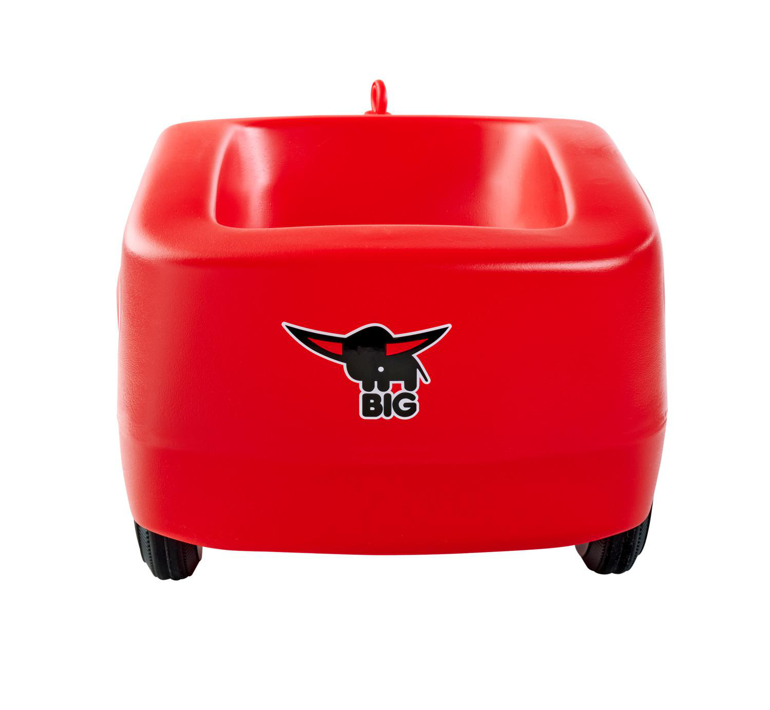 Ein roter Wagen mit einem schwarzen Logo eines Bullen und dem Wort 'BIG'. Er hat schwarze Räder und einen Griff oben.