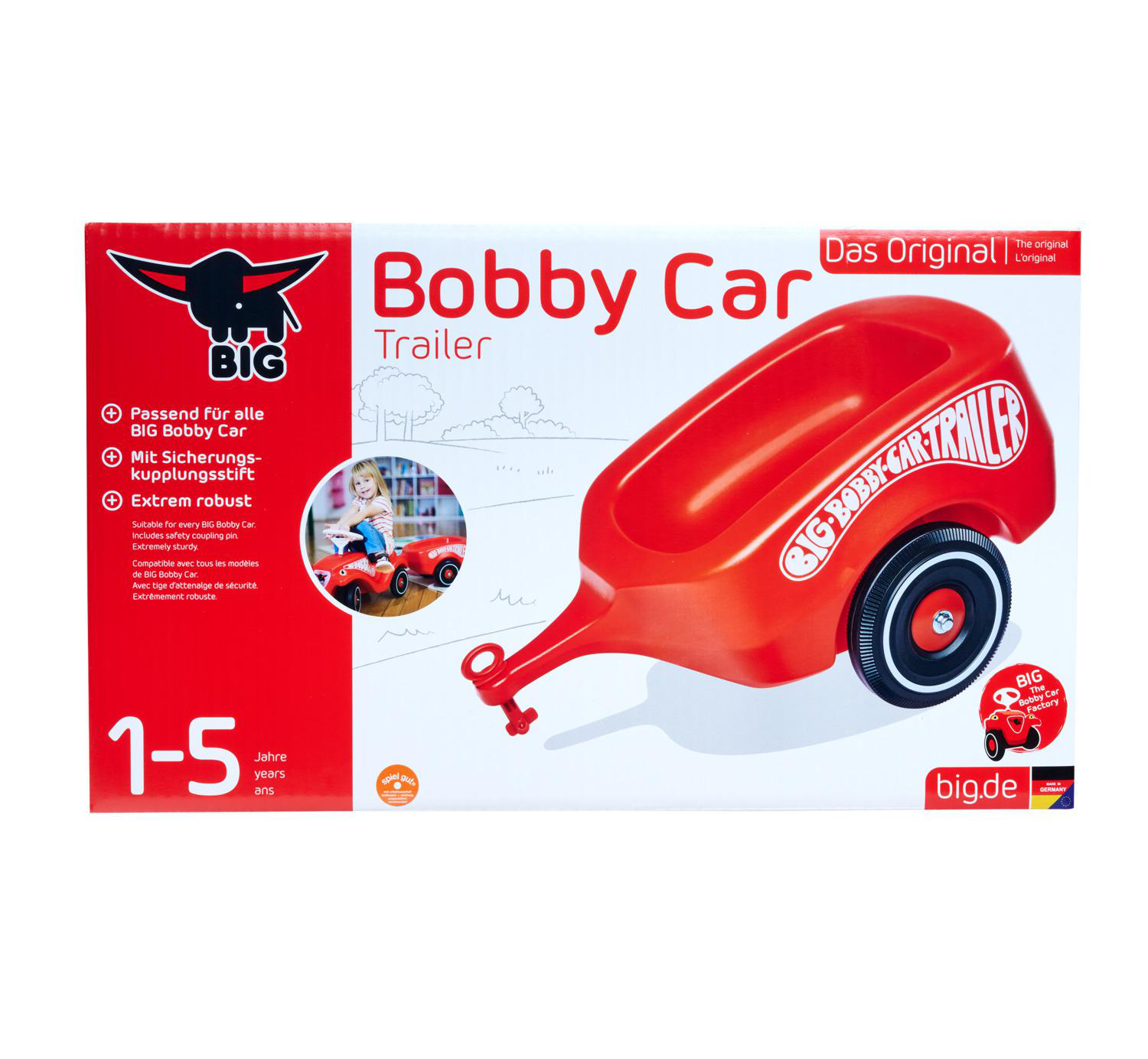 Roter Bobby-Car-Anhänger. Text und Grafiken zum Produkt. Altersbereich 1-5 Jahre. Hergestellt in Deutschland.
