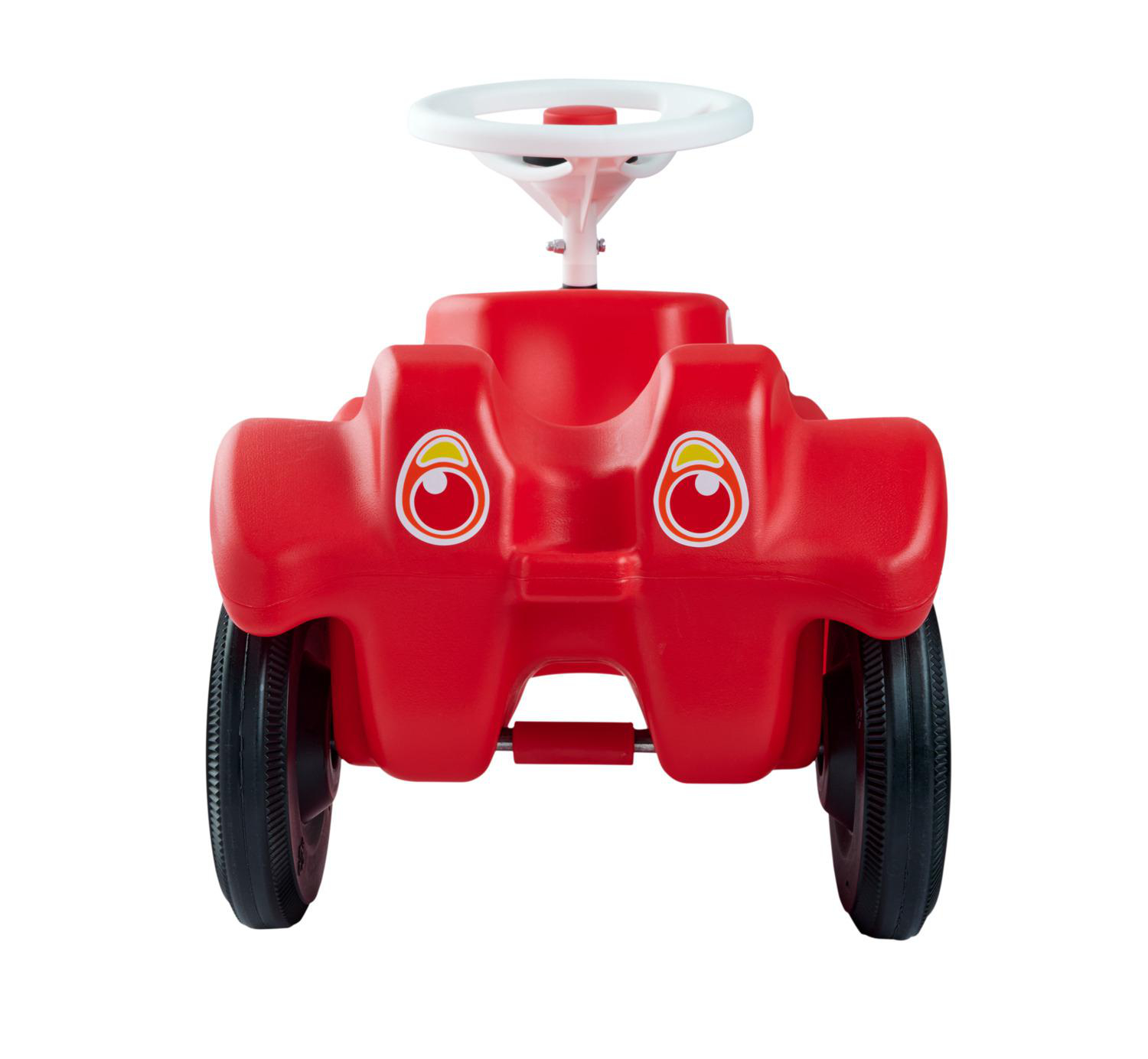 Ein rotes Spielzeugauto, von vorne gesehen, hat schwarze Räder, ein weißes Lenkrad und augenähnliche Aufkleber.
