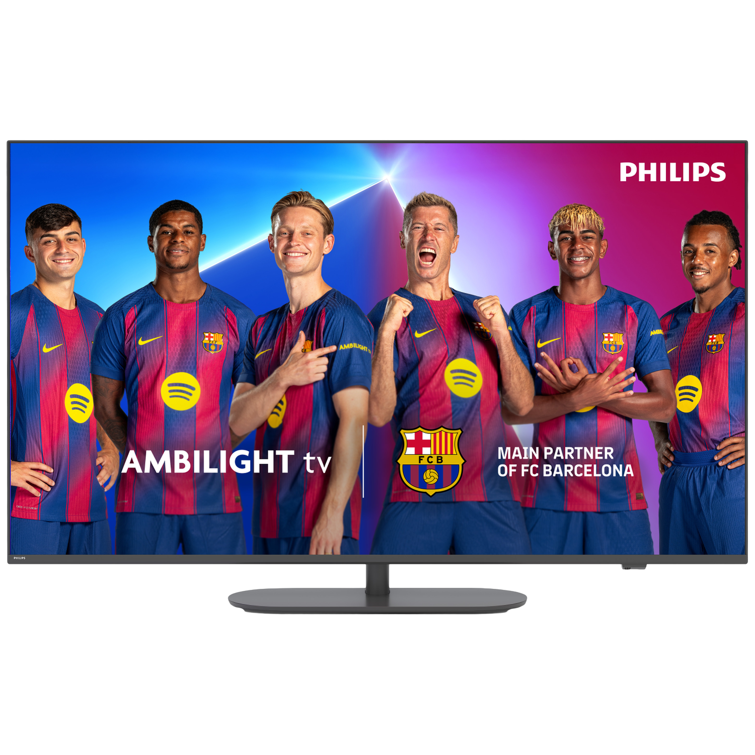 Un téléviseur Philips Ambilight affiche des joueurs du FC Barcelone en maillots. Le logo Spotify est visible. Le téléviseur est le partenaire principal du FC Barcelone.