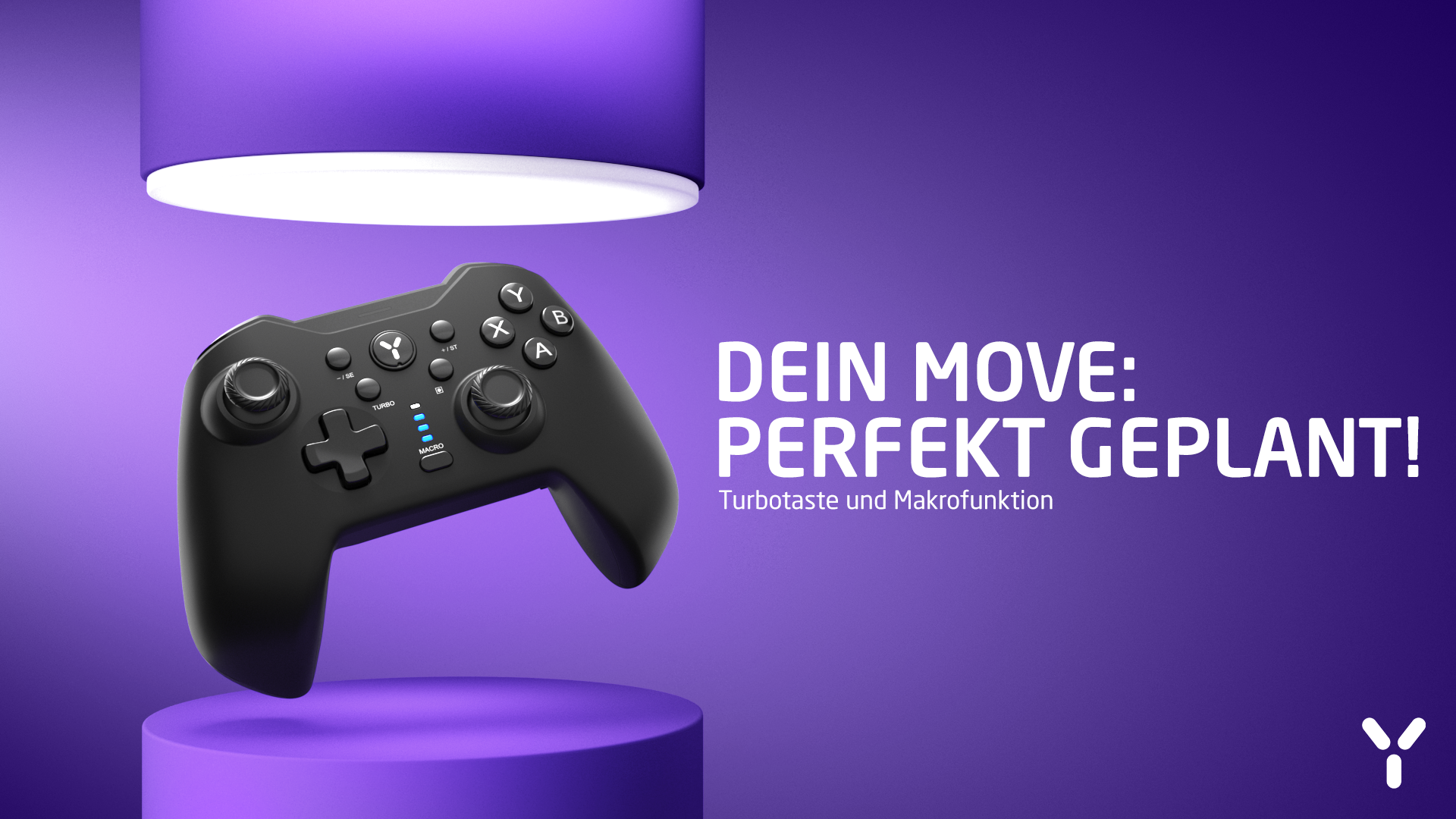 Schwarzer Gamecontroller mit Tasten auf violettem Hintergrund, Text lautet 'DEIN MOVE: PERFEKT GEPLANT!'