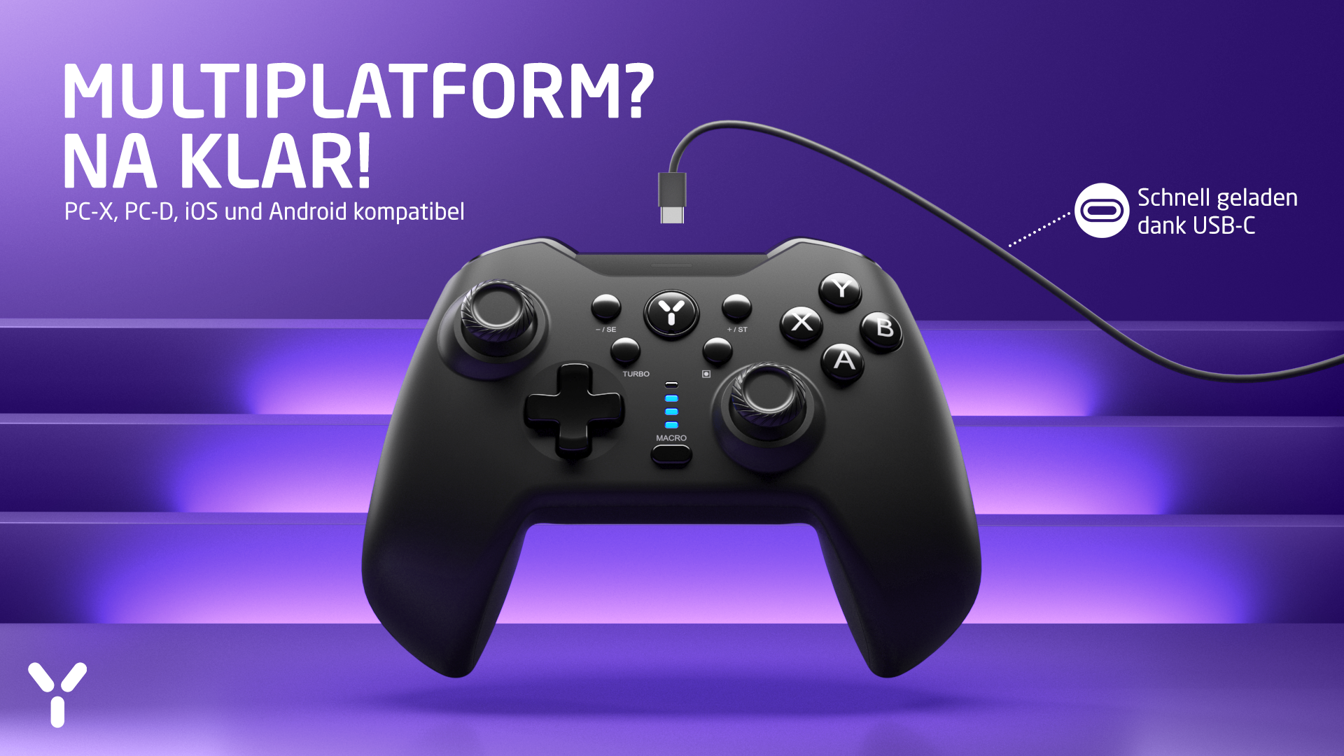 Schwarzer Gamecontroller mit Knöpfen, verbunden mit einem Kabel, auf lila Hintergrund. Text: 'Multiplatform? Na Klar!'
