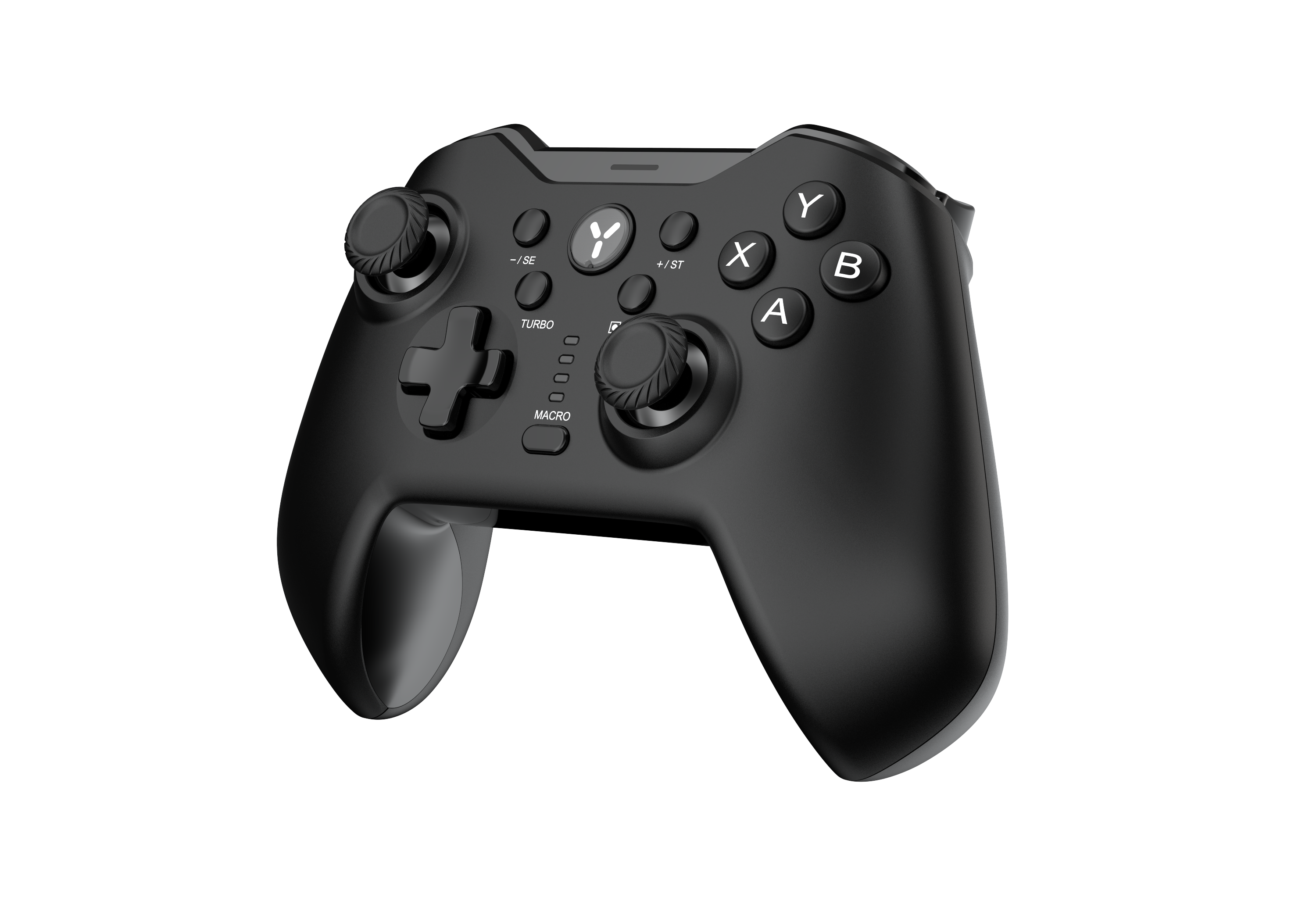 Schwarzer Gamecontroller mit Knöpfen, Joysticks und Steuerkreuz. Der Hintergrund ist schwarz.
