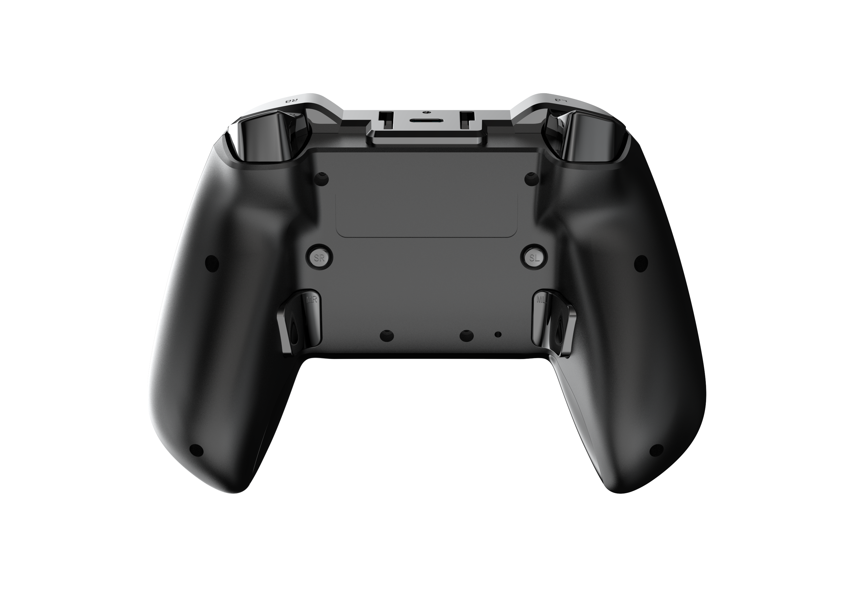 Schwarzer Gamecontroller, von hinten betrachtet. Er hat Knöpfe und Auslöser und befindet sich auf schwarzem Hintergrund.