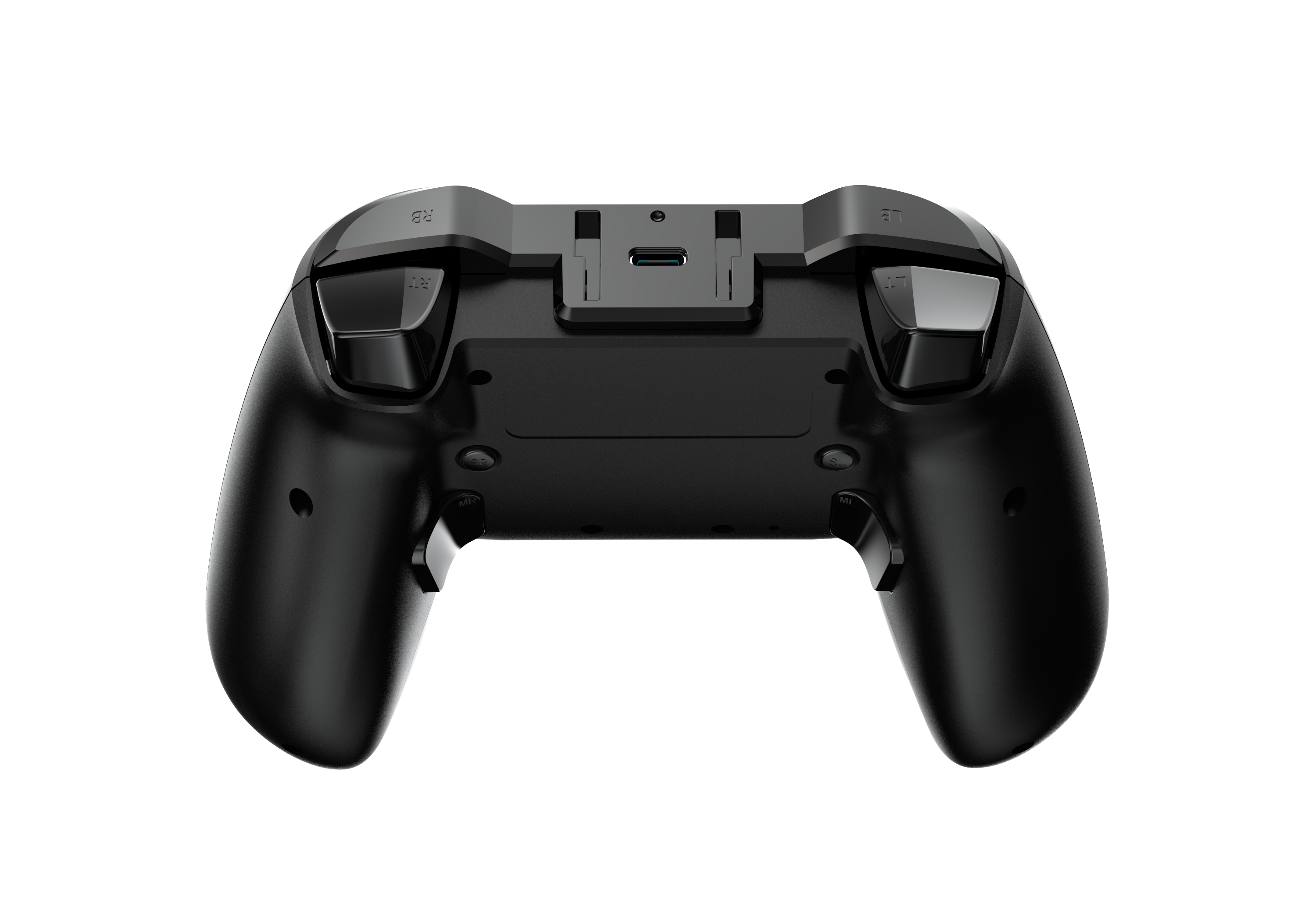 Schwarzer Gamecontroller, von hinten betrachtet. Mit Knöpfen, Triggern und einem USB-C-Anschluss. Der Hintergrund ist schwarz.