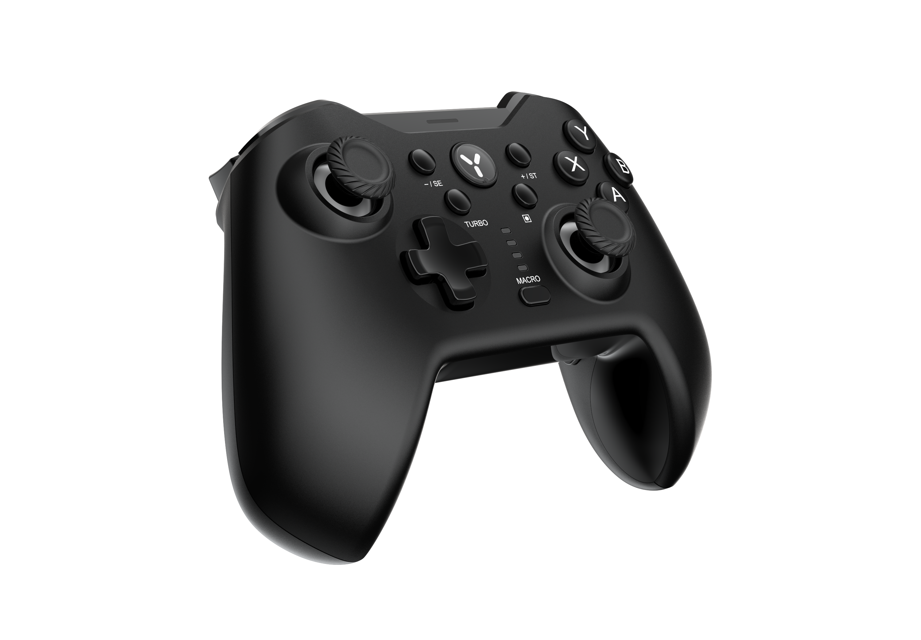 Schwarzer Gamecontroller mit Knöpfen, Joysticks und einem Steuerkreuz. Isoliert auf schwarzem Hintergrund.