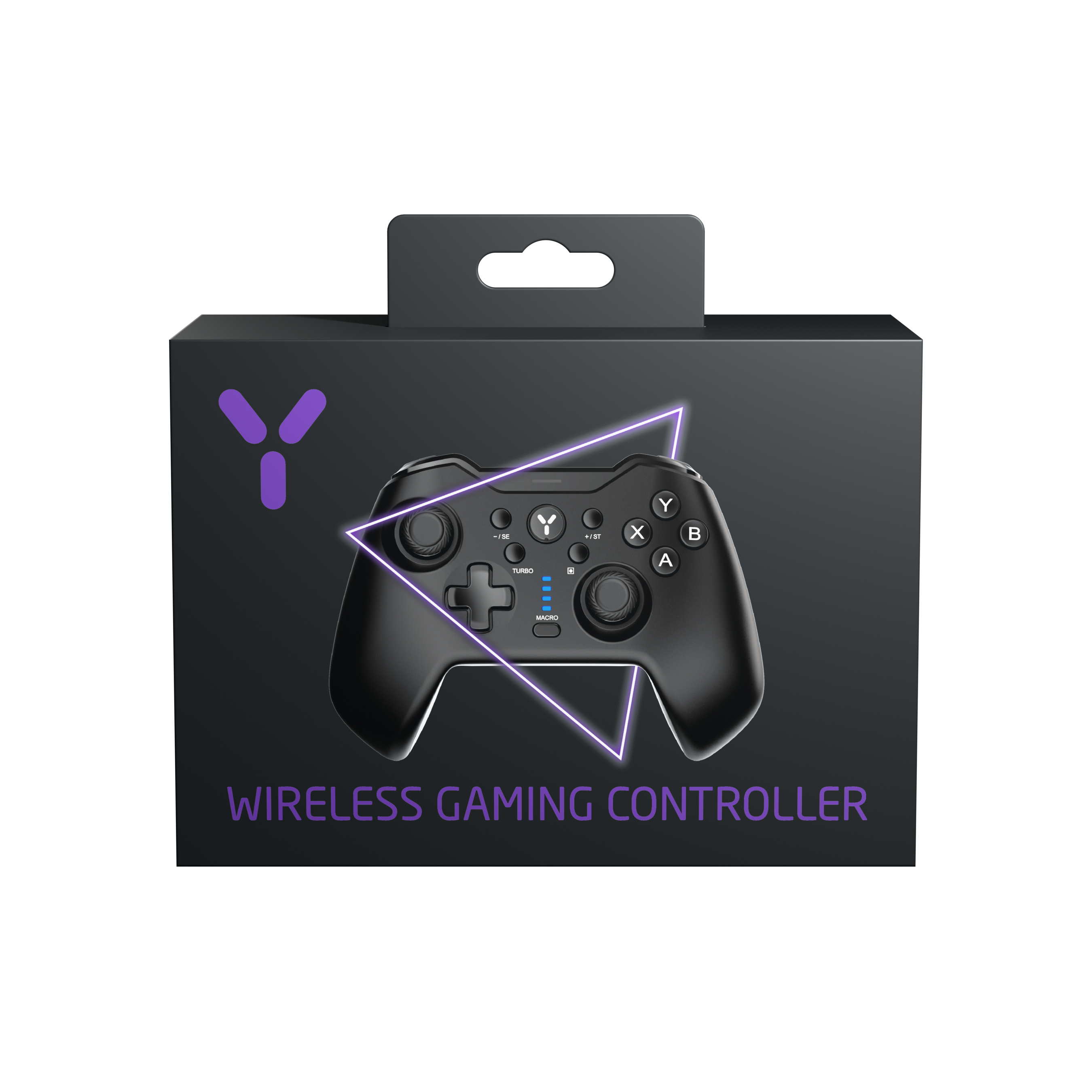 Schwarze Schachtel mit einem kabellosen Gaming-Controller. Lila Logo und Text. Controller hat Tasten und einen lila Umriss.