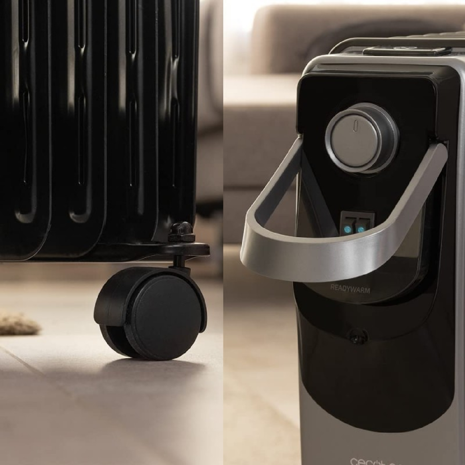 Radiador de aceite negro y plateado con panel de control y asa. El radiador tiene ruedas para facilitar el movimiento.