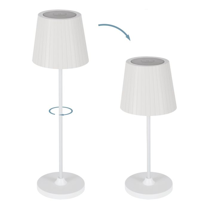 Zwei weiße Lampen. Die linke Lampe hat einen sich drehenden Pfeil. Die rechte Lampe ist abgelöst dargestellt, mit einem Pfeil, der die Aktion anzeigt.