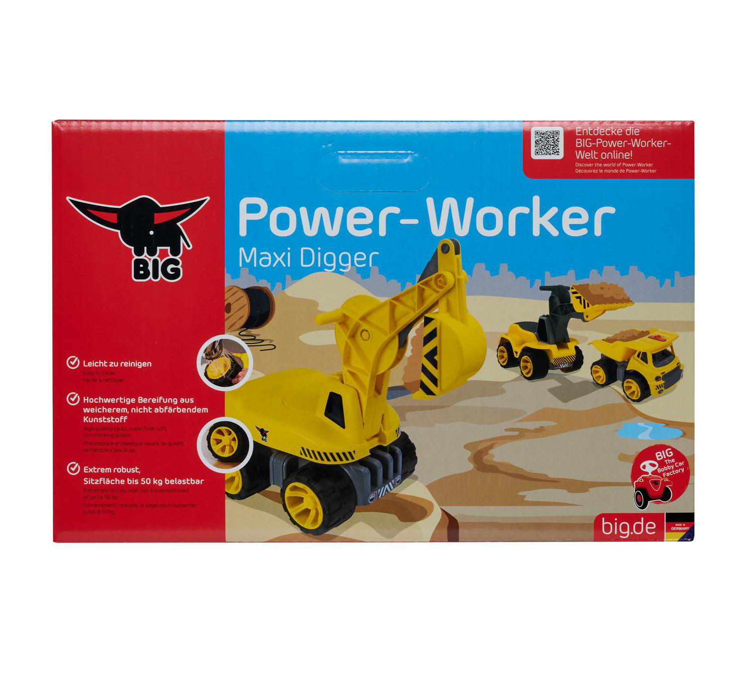 Ein gelber Spielzeugbagger auf einer Schachtel. Text sagt 'Power-Worker Maxi Digger' und Eigenschaften.