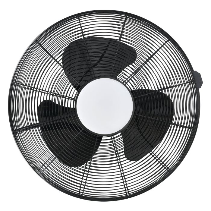 Ein schwarzer Ventilator mit drei Flügeln in einem kreisförmigen Käfig. Die Mitte ist weiß. Der Hintergrund ist weiß.