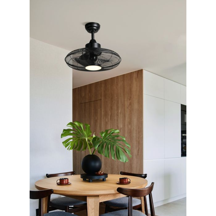 Ein schwarzer Deckenventilator mit Licht hängt über einem Holztisch. Eine schwarze Vase mit grünen Blättern steht auf dem Tisch, Stühle drumherum.