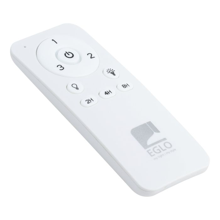 Eine weiße Fernbedienung mit Tasten für Strom, Licht und Timer. Die Marke EGLO ist unten sichtbar.