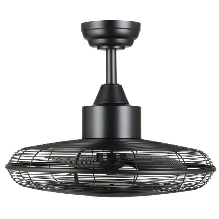 Ein schwarzer Deckenventilator mit Drahtkäfig um die Flügel. Er ist von der Decke abgehängt. Ein einfaches und elegantes Design.