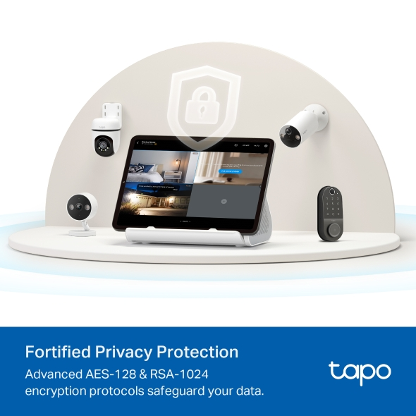 Ein Tablet zeigt Home-Security-Aufnahmen, umgeben von Überwachungskameras und einem Smart Lock, alles auf einer weißen Plattform. Text: Fortified Privacy Protection.