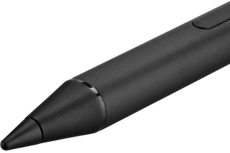 Nahaufnahme eines schwarzen Stiftes. Der Stift hat eine konische Spitze und eine glatte, matte Oberfläche. Ein Knopf ist sichtbar.