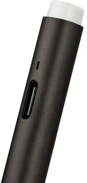 Nahaufnahme eines schwarzen stiftartigen Geräts mit weißer Spitze. Es hat eine Ein-/Aus-Taste und einen USB-Anschluss. Der Hintergrund ist weiß.