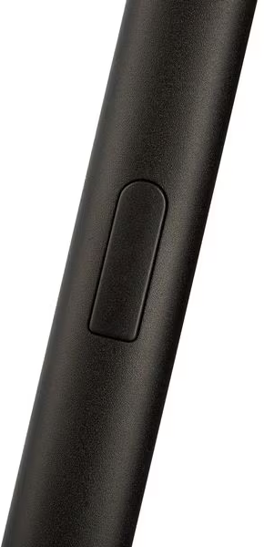 Nahaufnahme eines schwarzen Stiftes mit einem Knopf. Der Stift ist diagonal abgewinkelt. Weißer Hintergrund rechts.
