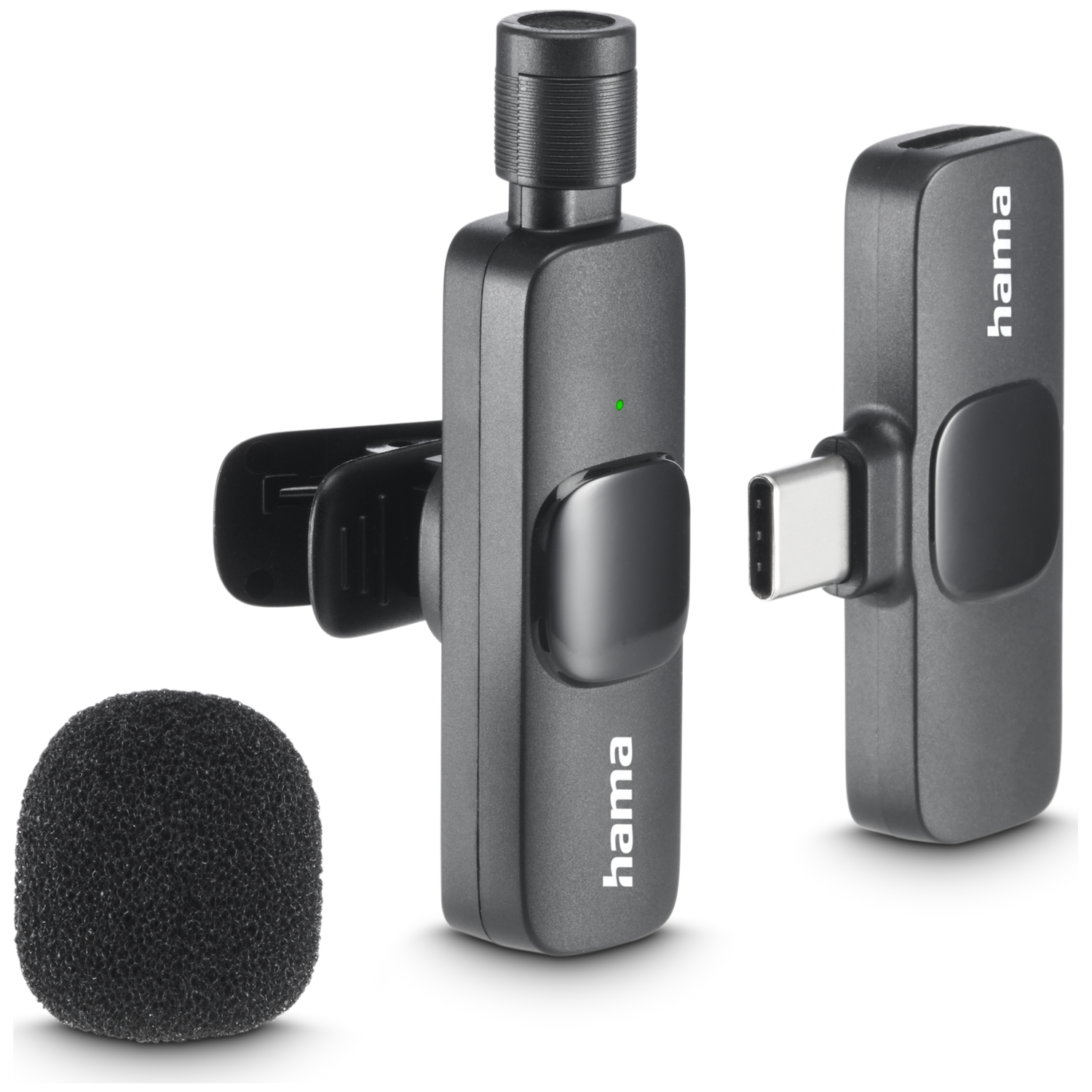 Three dark grey Hama wireless microphone components and a black foam windscreen on a white background.