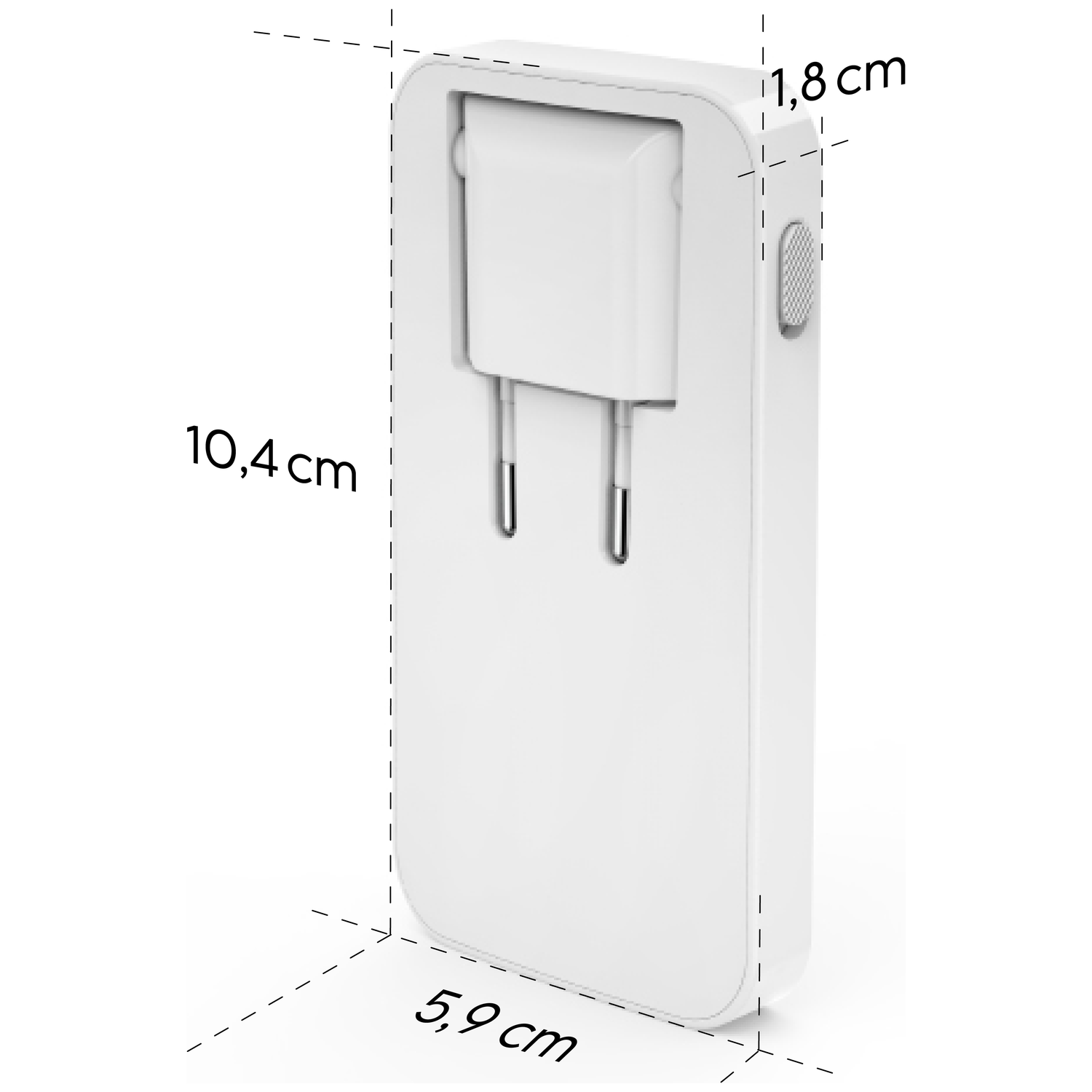 A white, rectangular wall charger is displayed, with measurements of 10.4 cm, 5.9 cm, and 1.8 cm. It has two prongs.