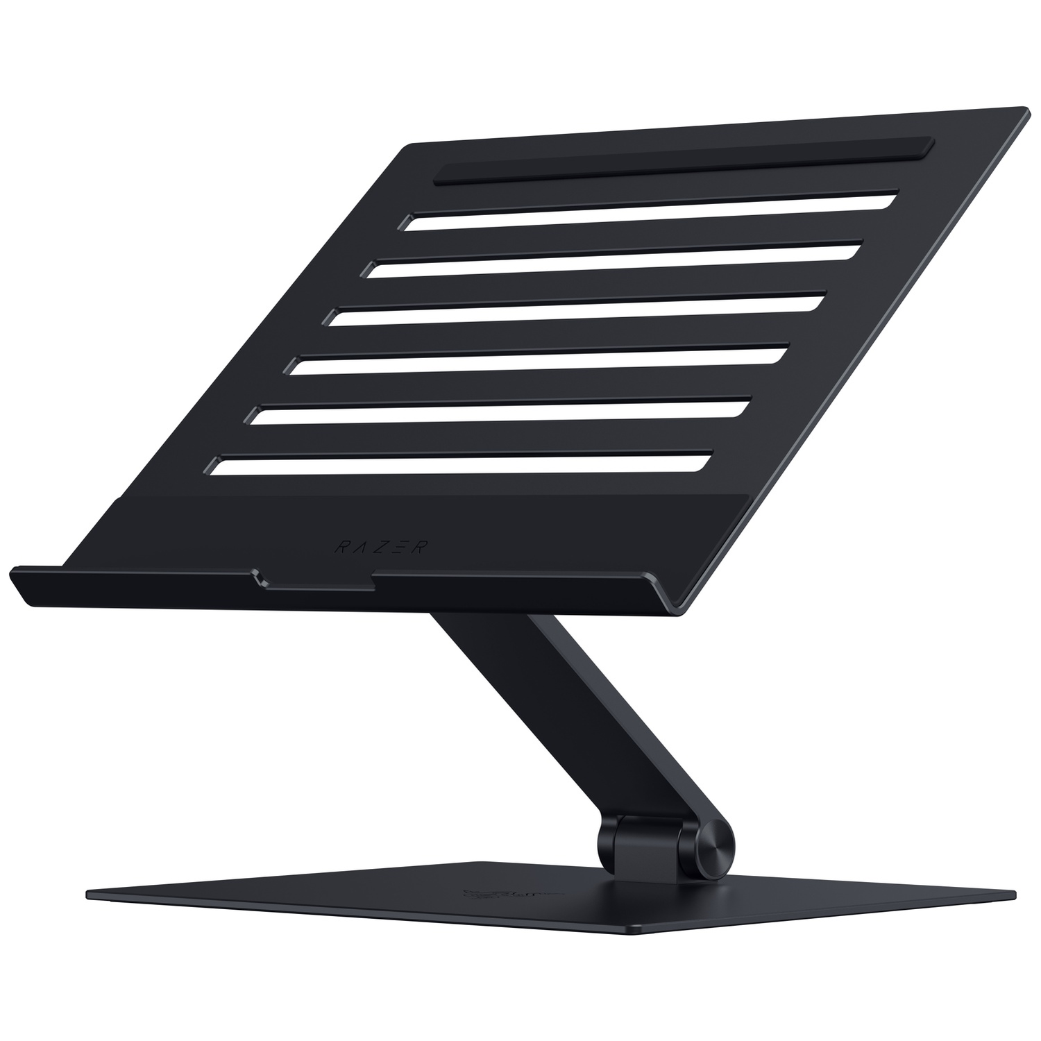 Black laptop stand with angled platform and slotted design. Features a base, adjustable arm, and the Razer logo.