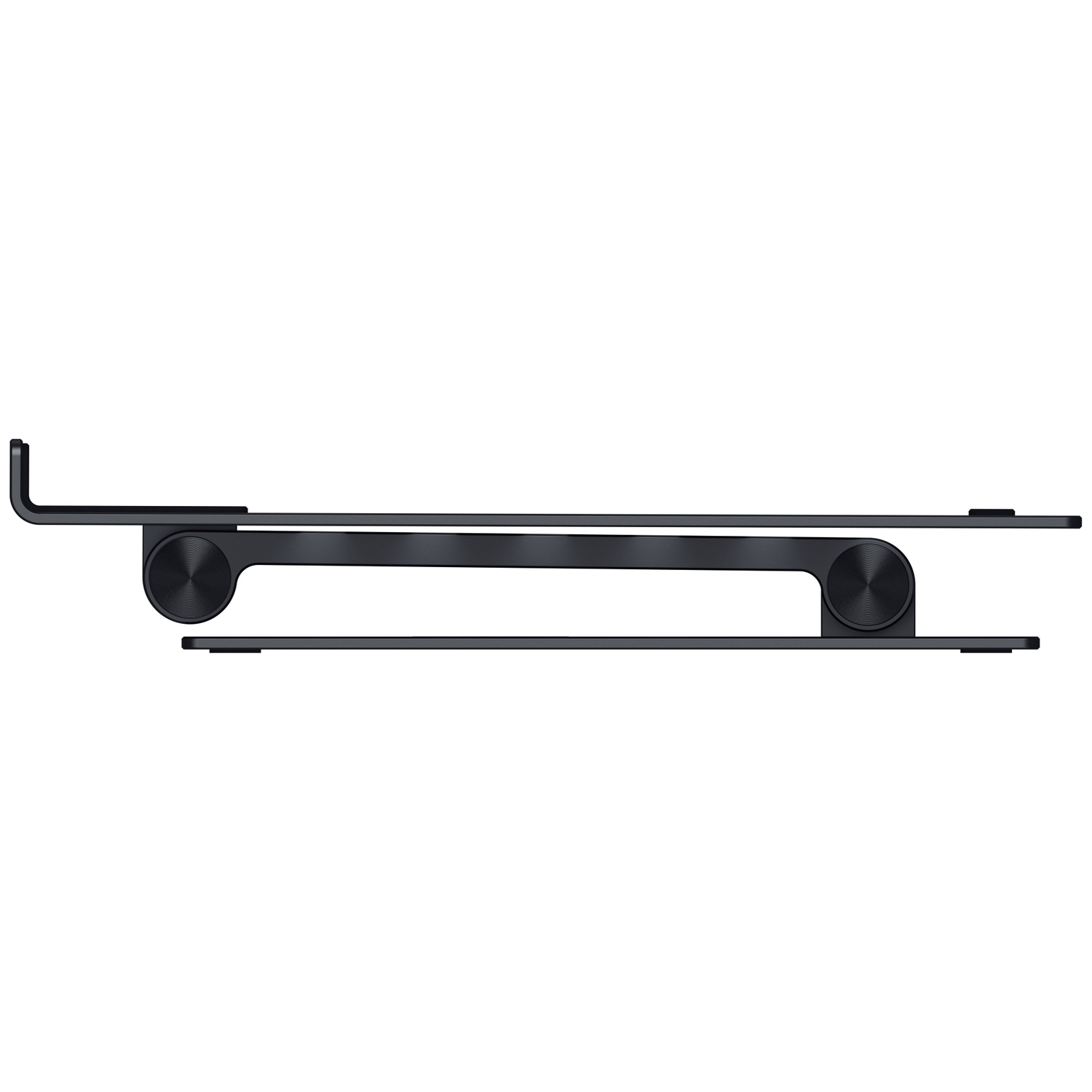 A black tablet stand, top view. It has two circular joints and a rectangular base, all black against a white background.