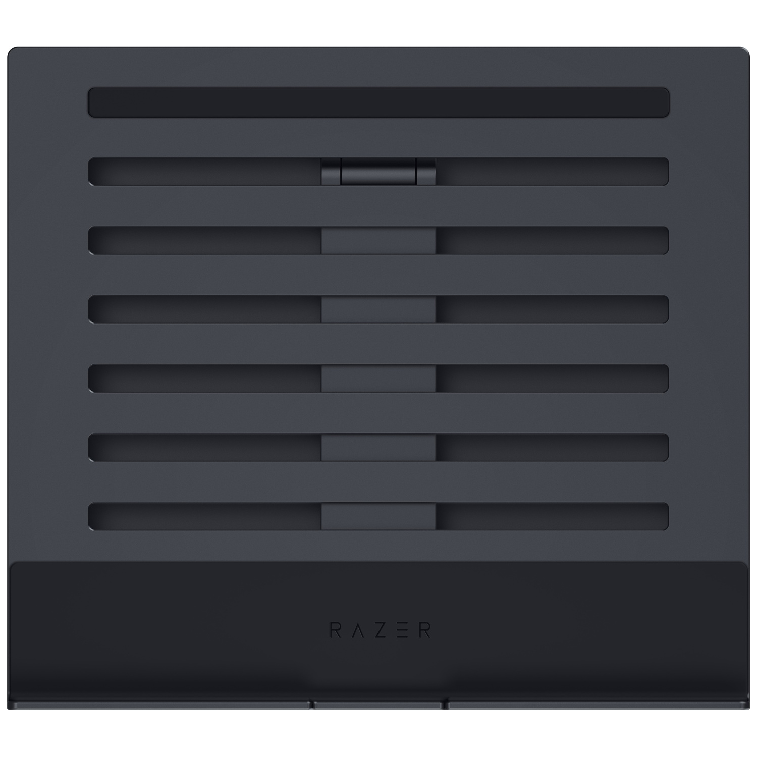 A dark gray laptop stand with horizontal slots. The Razer logo is at the bottom. The stand is on a white background.