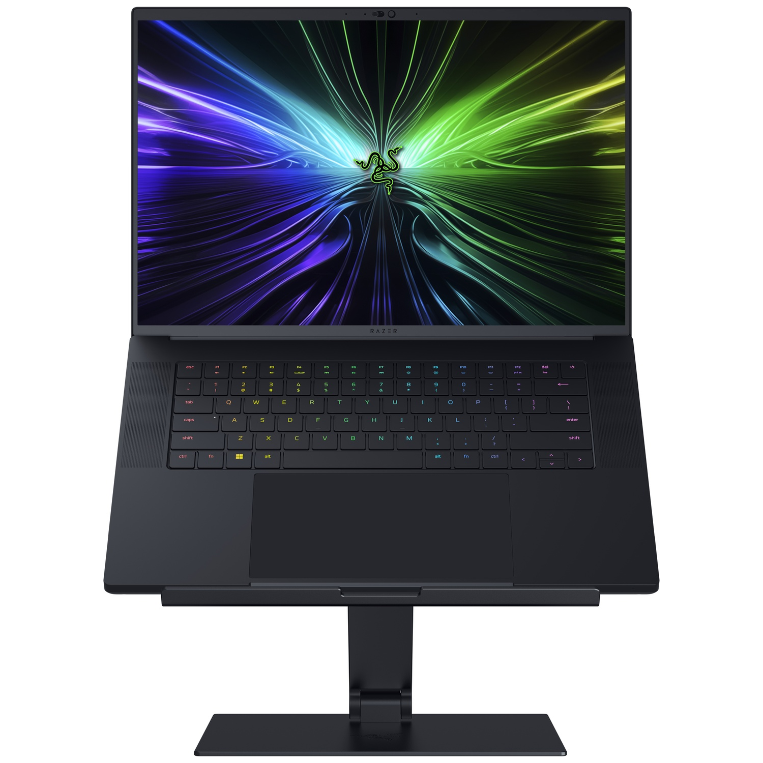 A black Razer laptop on a stand. The screen displays a colorful abstract design. The keyboard is visible.