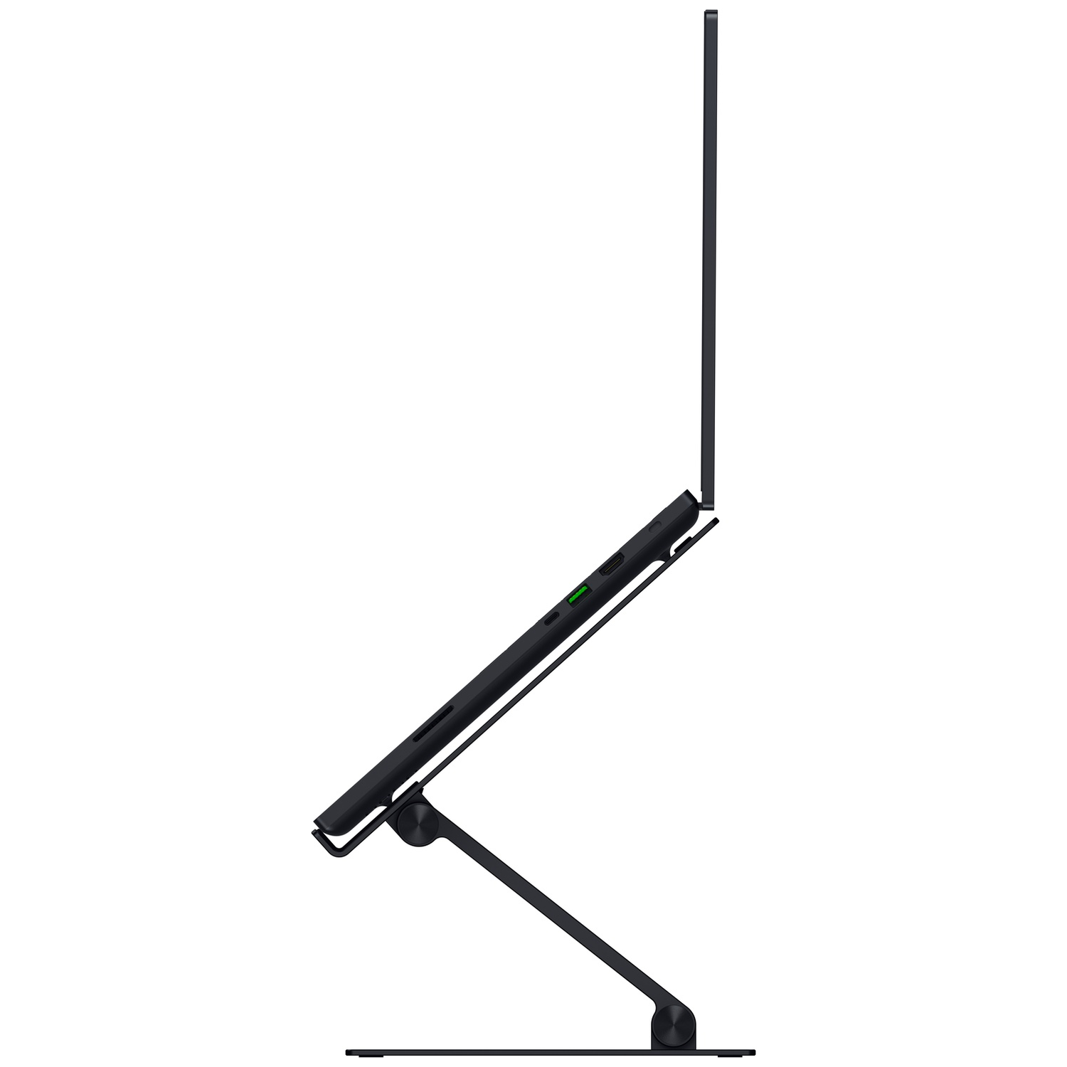 A black laptop is propped up on a black stand, angled open against a white background.