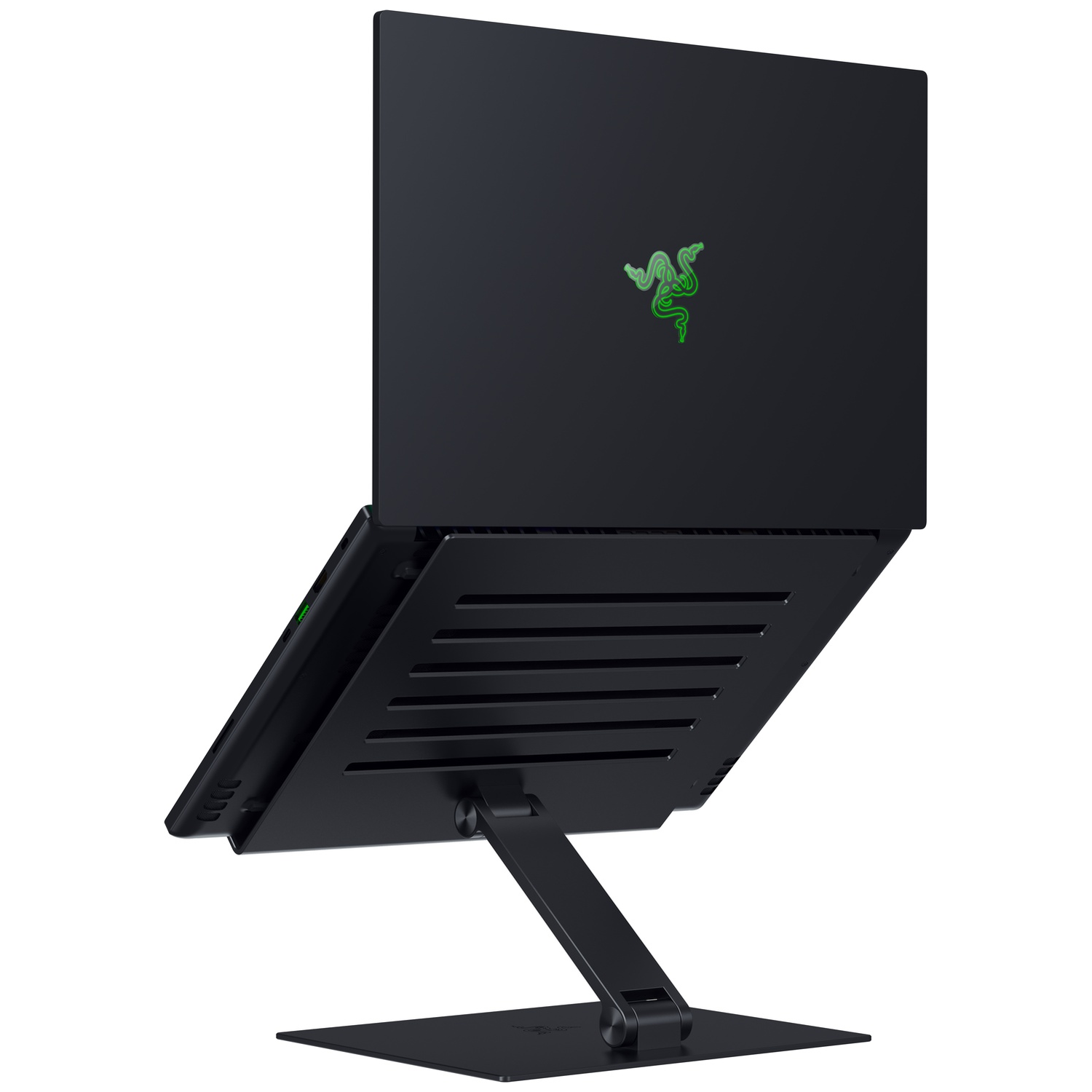 Black laptop on a stand. Razer logo visible on the back. Stand is also black. White background.