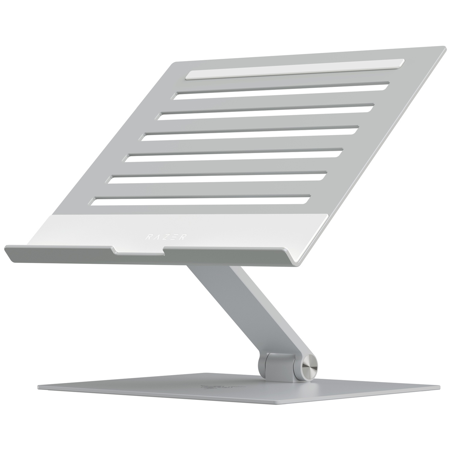A silver laptop stand with a slatted top and adjustable arm. The brand name 'RAZER' is visible on the front.