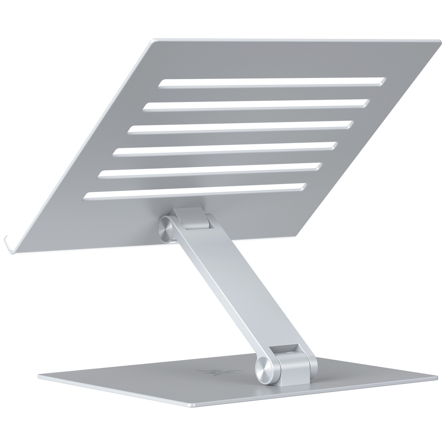 A silver laptop stand with a rectangular base, an angled support arm, and a perforated top surface, all against a white background.