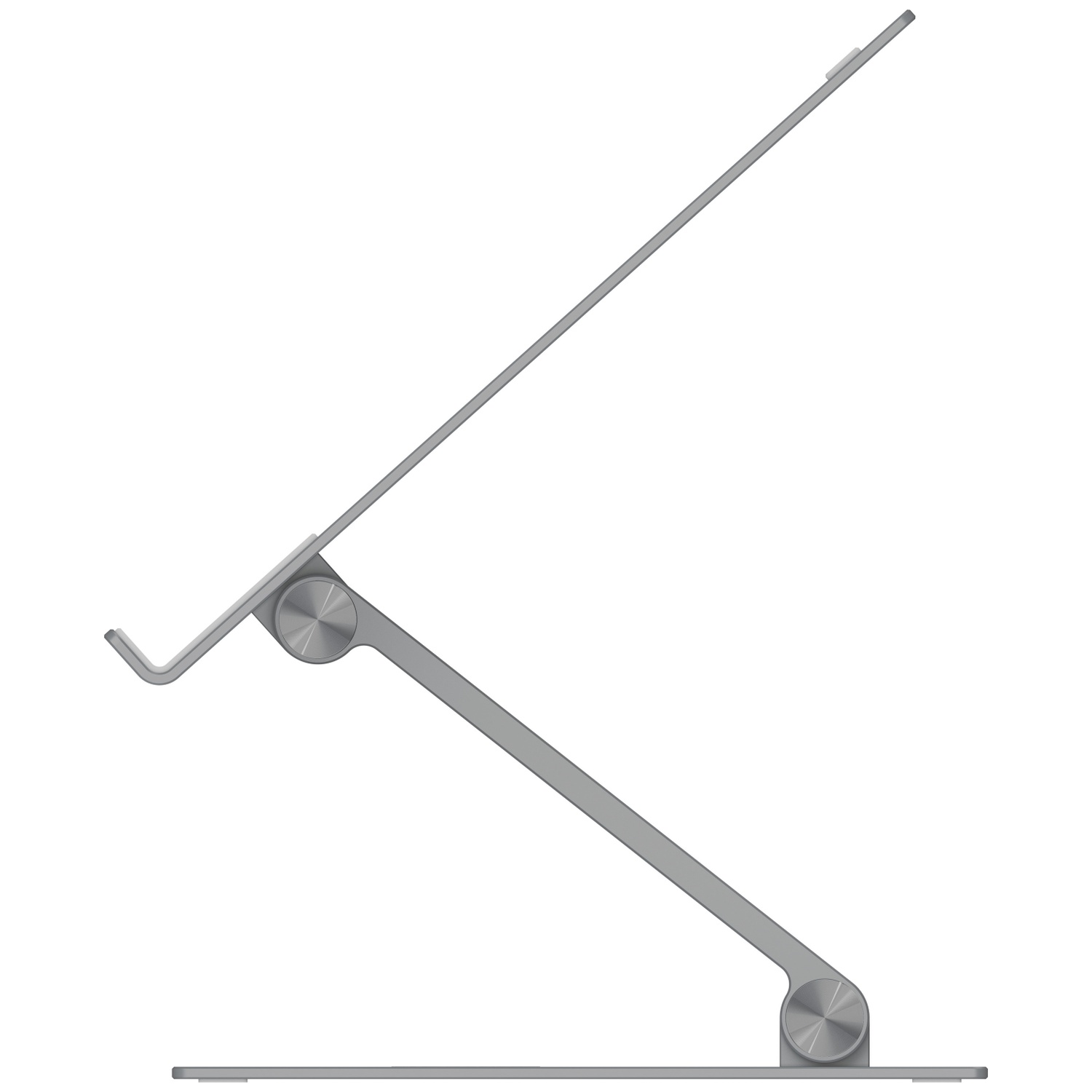 A silver laptop stand. It has a base, a diagonal support, and a top angled to hold a device. The background is white.