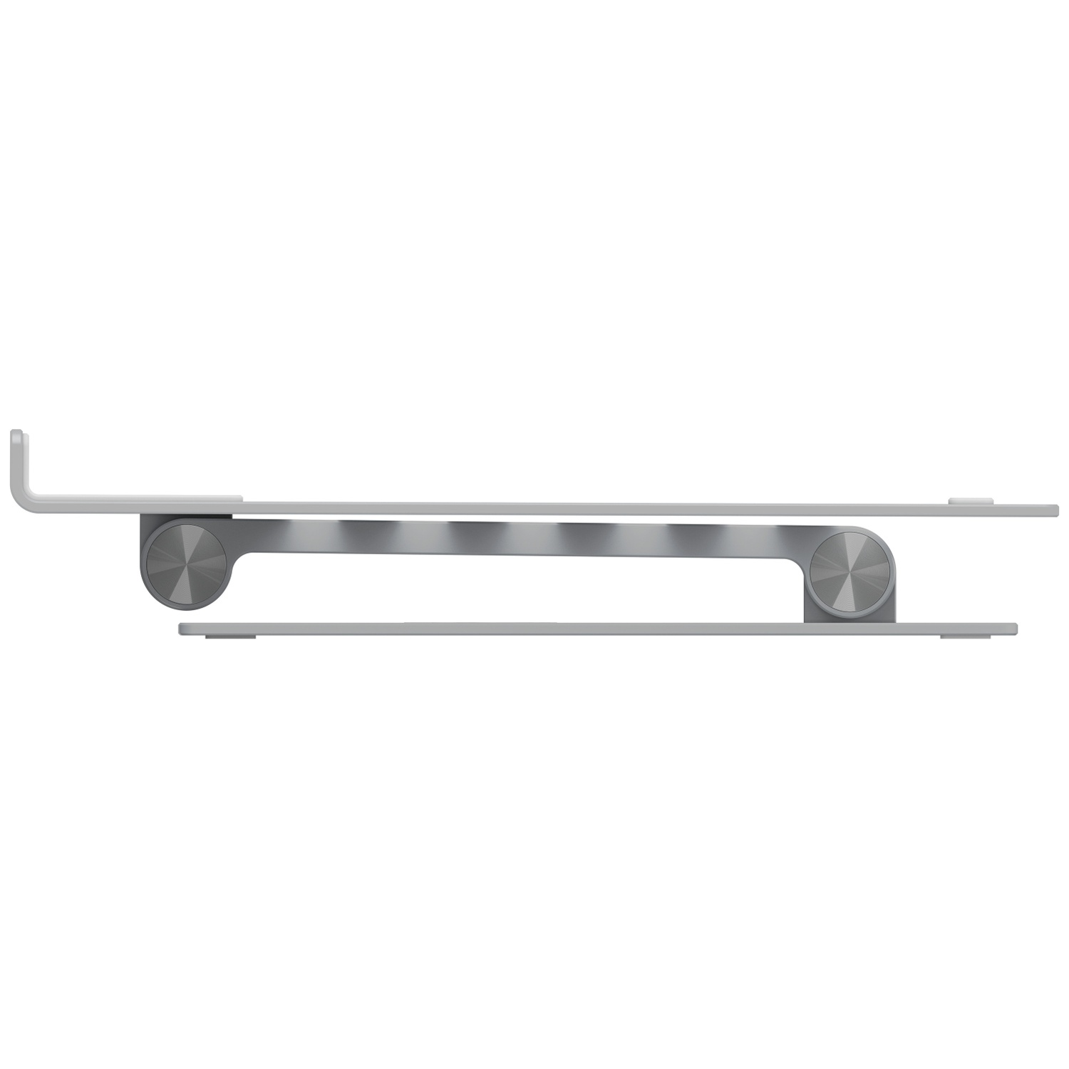 A silver laptop stand with a minimalist design. It has two circular joints and a rectangular base, all against a white background.