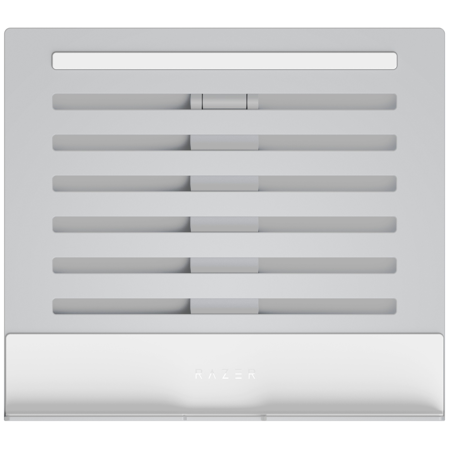 A gray laptop stand with horizontal slots. A white bar is at the top. The bottom has the Razer logo.