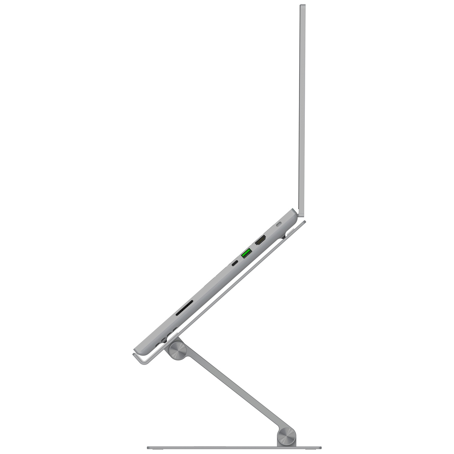 A silver laptop is propped up on a silver stand. The laptop screen is open. The stand has adjustable legs.